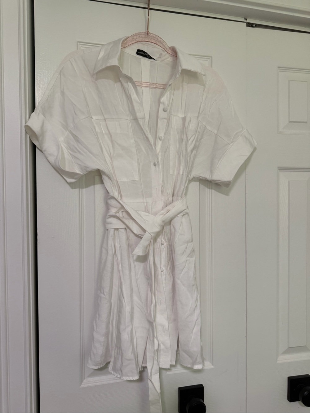 White Short Sleeve Shirt Dress with Tie Waist